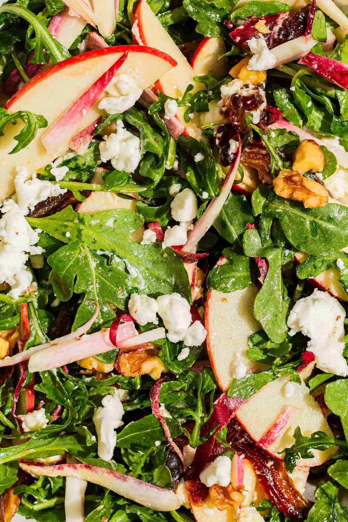 A close up of apple walnut salad.