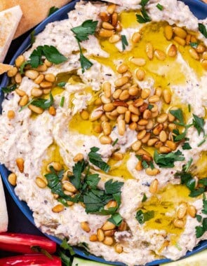 Baba ganoush (smoky eggplant dip), finished with. olive oil and toasted pine nuts with pita wedges