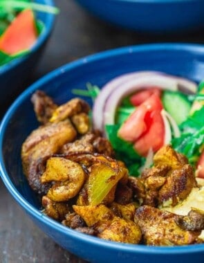 Chicken Shawarma Bowls with Arugula Salad and Hummus