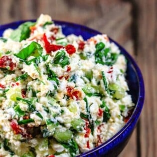 feta dip in a blue bowl