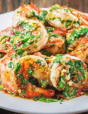 A close up of cilantro lime shrimp on a plate.