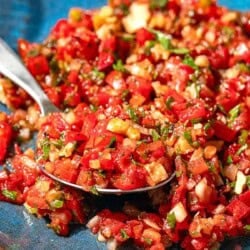 A close up of a plate of ezme turkish salsa on a plate with a spoon.