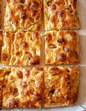 focaccia bread cut up.