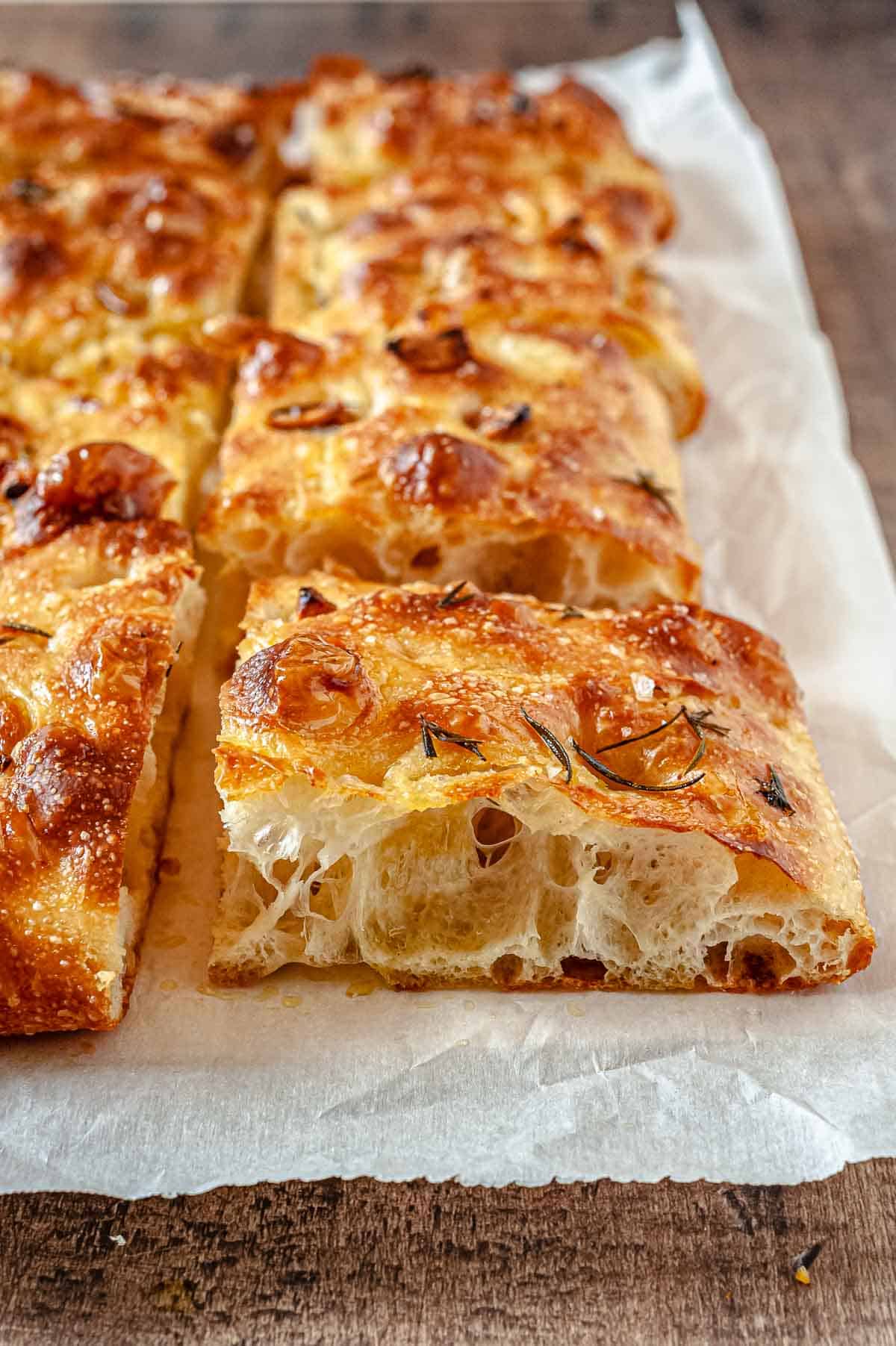 close up of focaccia recipe, side-view.