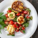 A plate of scallops over salsa