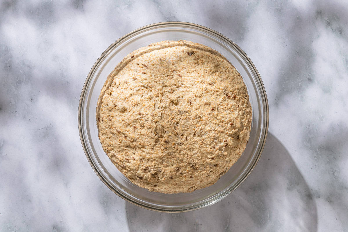 Whole wheat dough rising in a large bowl.