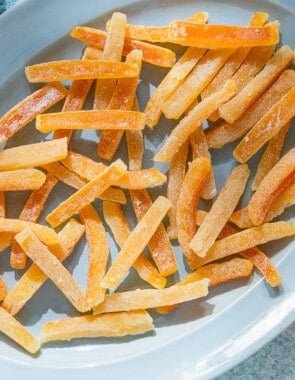 candied orange peels on a serving platter.