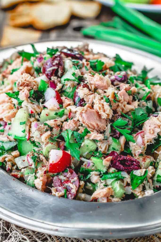 Mediterranean style tuna salad on a silver platter