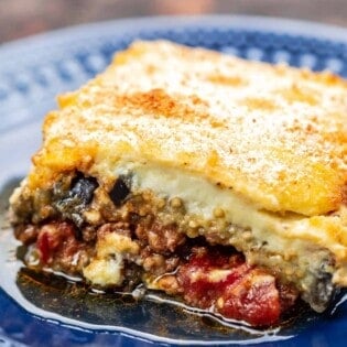 One slice of moussaka with meat sauce and bechamel topping