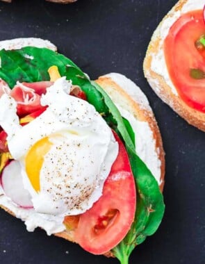 Image of an open faced sandwich with a poached egg.