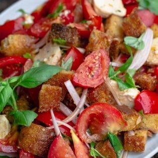 Tomato panzanella on serving platter