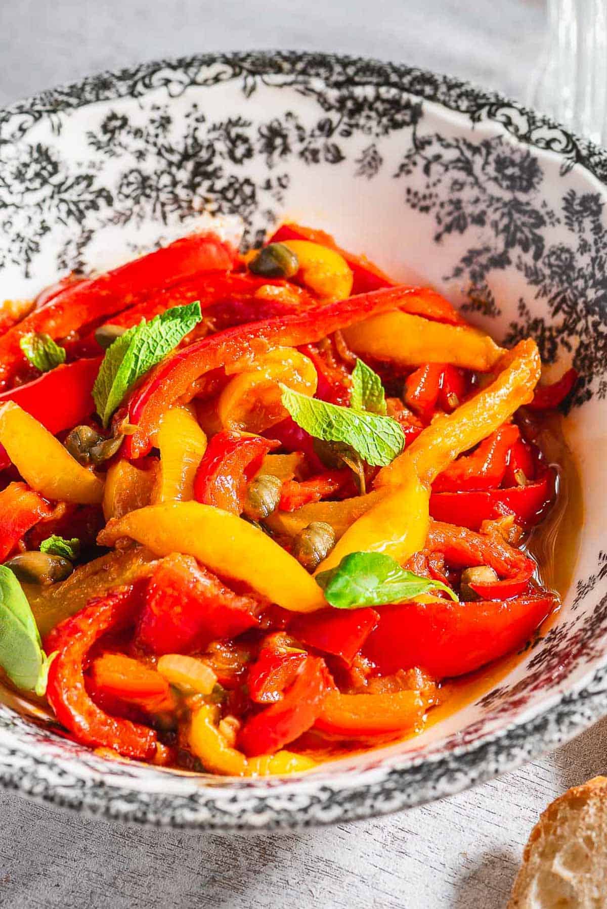 A close up of peperonata in a bowl.