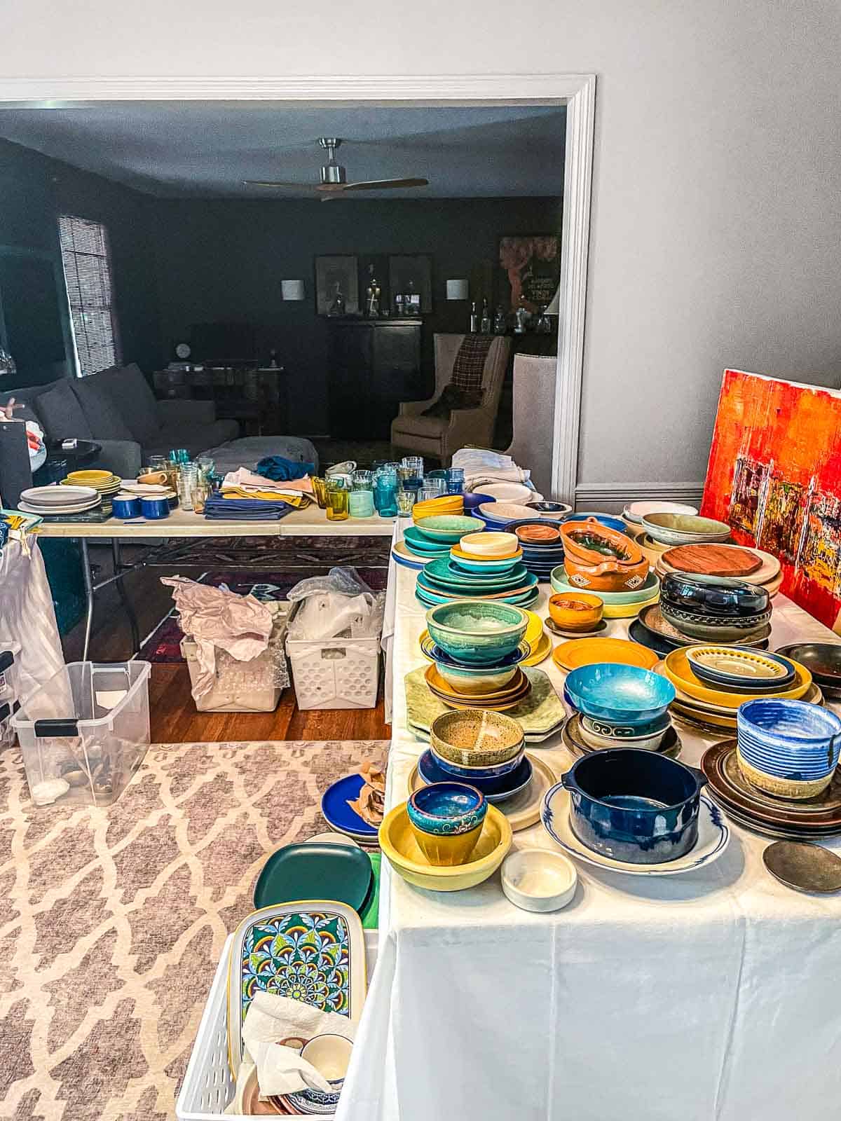 Prop room of dishes and props used in photographing the Simply Dinner Cookbook