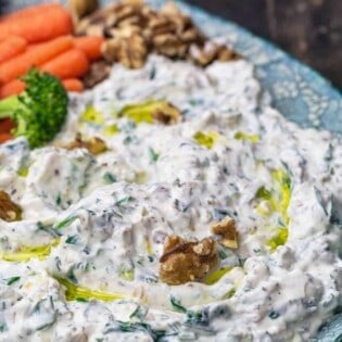 Greek yogurt dip with spinach and walnuts