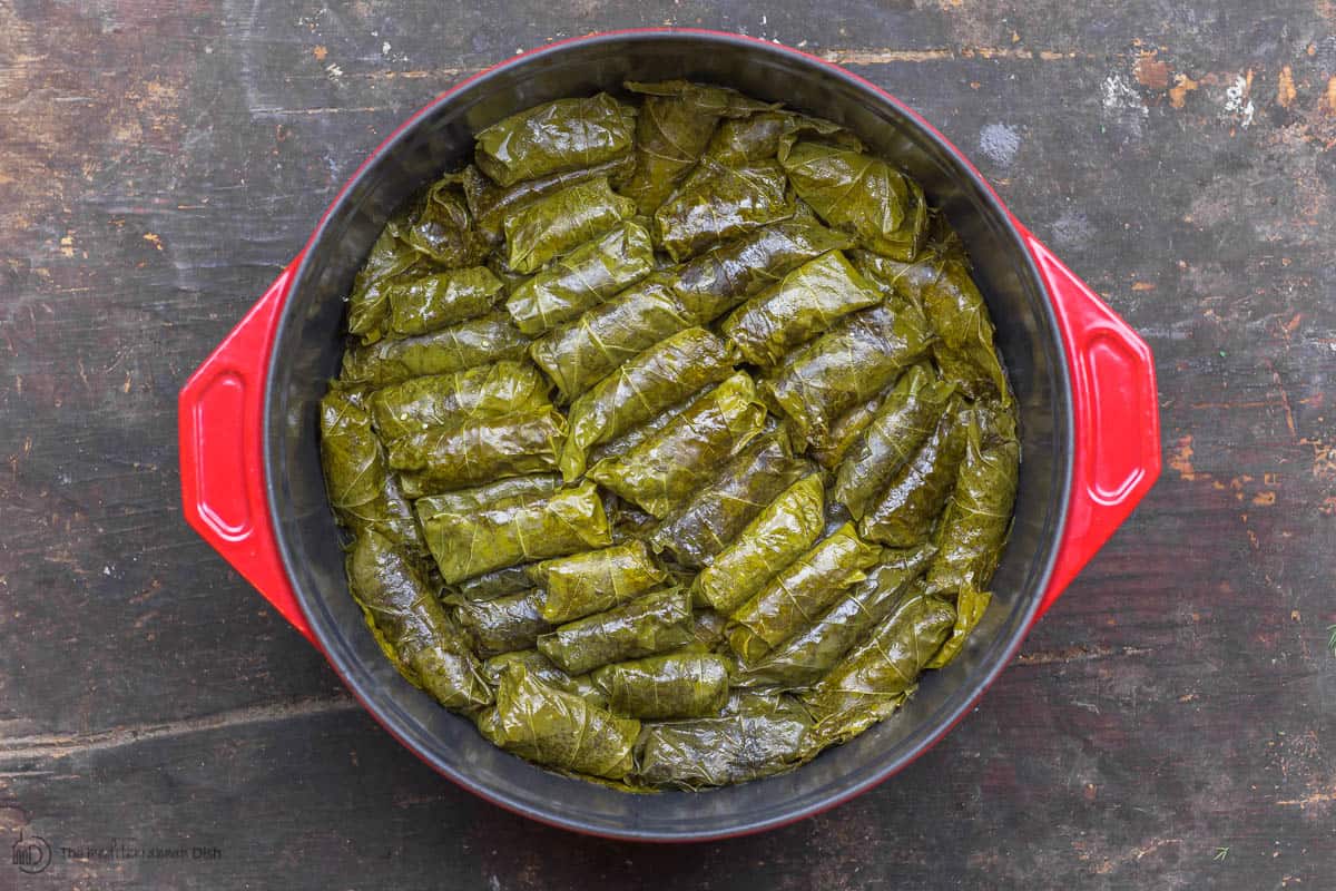 Cooked Stuffed Grape leaves dolmas in pot