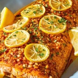 A close up photo of a lemon garlic salmon fillet topped with lemon wheels and parsley on a serving platter with lemon wedges.