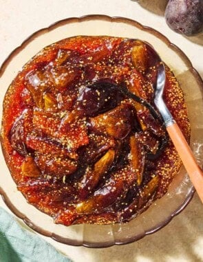 An overhead photo of fig jam in a bowl with a spoon.