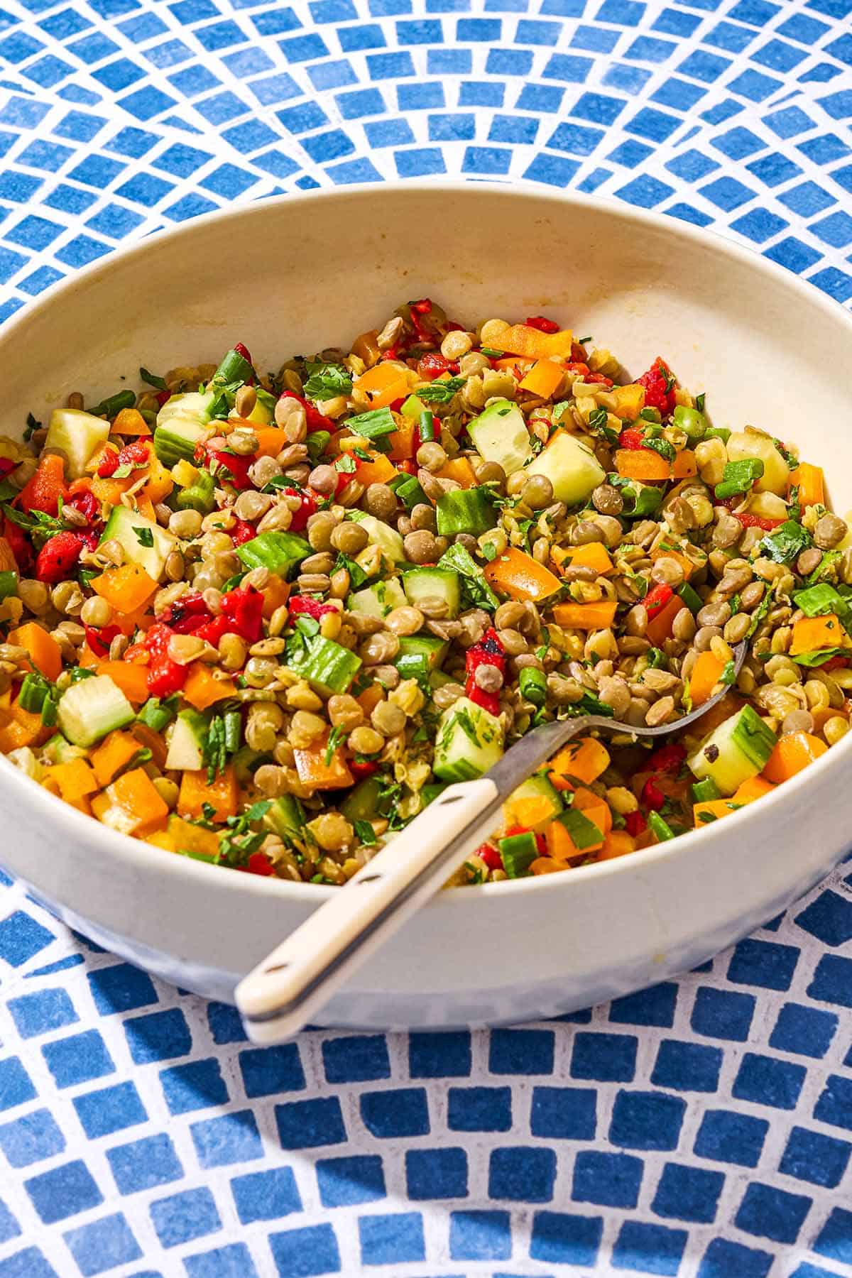 Lentil salad in a serving bowl with a spoon.