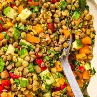 A close up of lentil salad in a serving bowl with a spoon.