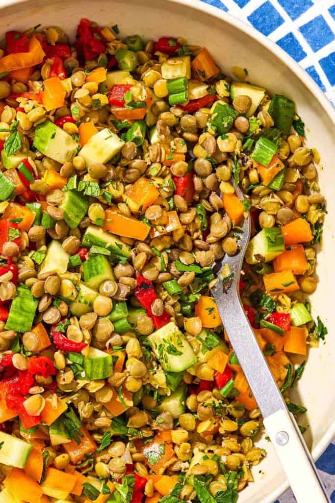 A close up of lentil salad in a serving bowl with a spoon.