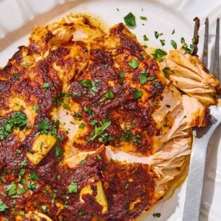 A close up of Turkish style salmon on a serving platter with a fork.