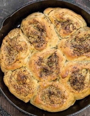 za'atar bread rolls in a skillet.